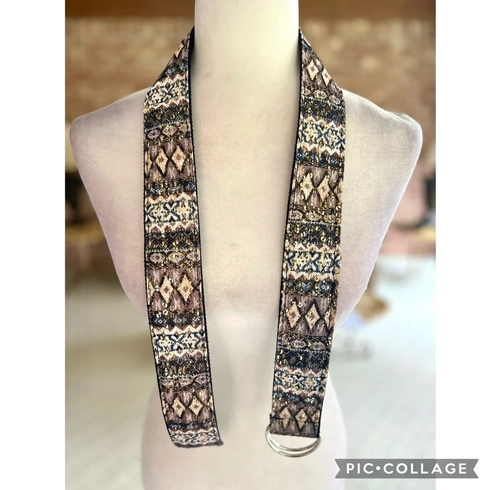 Belt Southwestern Aztec Print Fabric Gold Sequin Blue Brown M Concert Festival